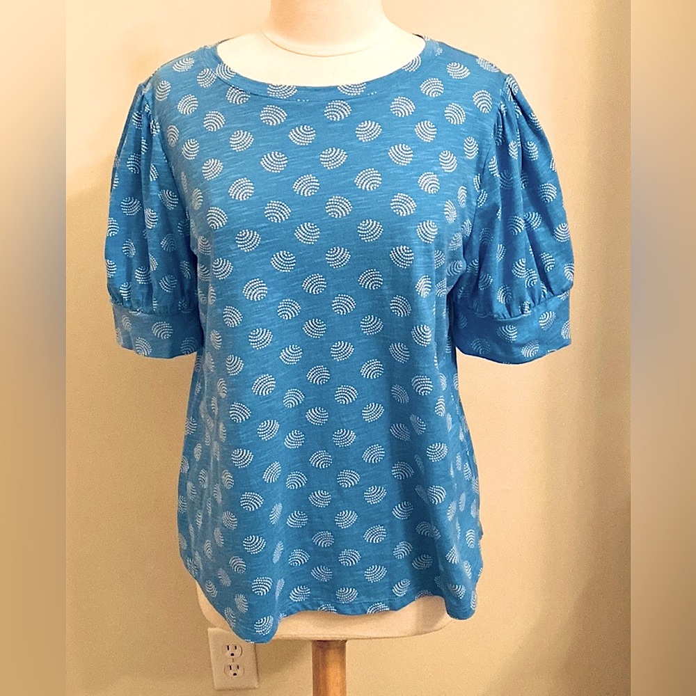 Liz Claiborne Madison Blue White Dot L Southern Charm Coastal Preppy Retro Top